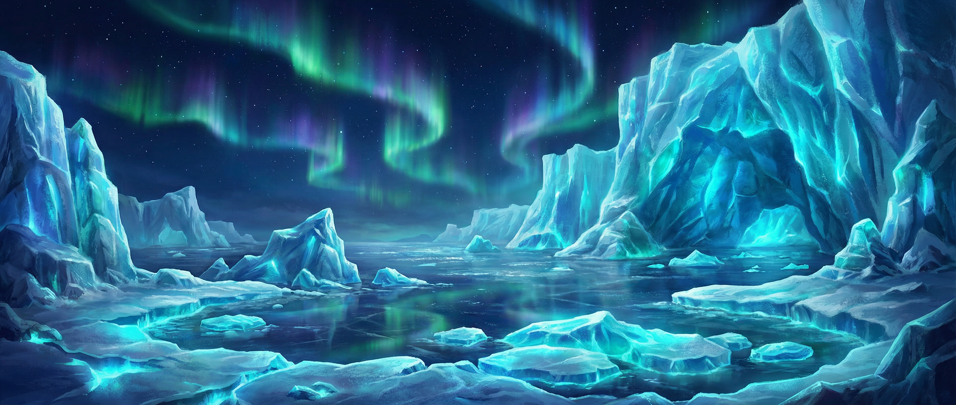 pg模拟器 冰川裂隙极地背景 - 极光与冰川交汇的壮丽景象